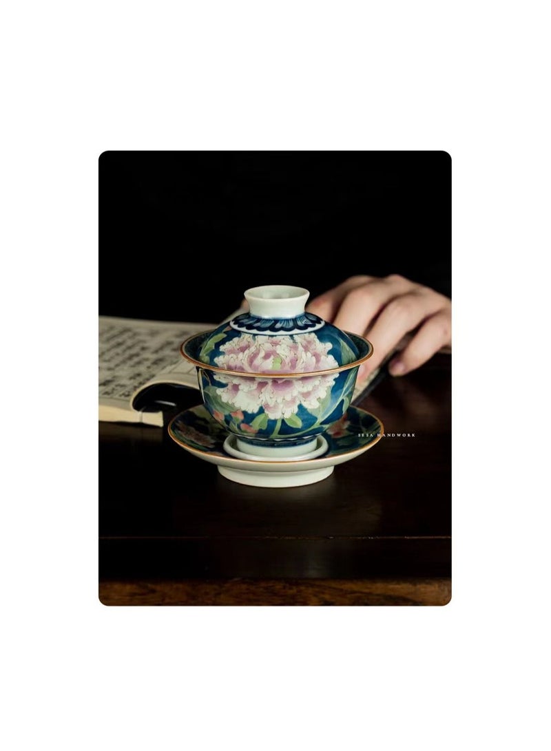 1-Piece Chinese Old Porcelain Blue and White Bowl Tea Set,Chinese Tea Bowl with Cover and Tray,Chinese Traditional Handicraft Ceramic Tea Set - Image 3