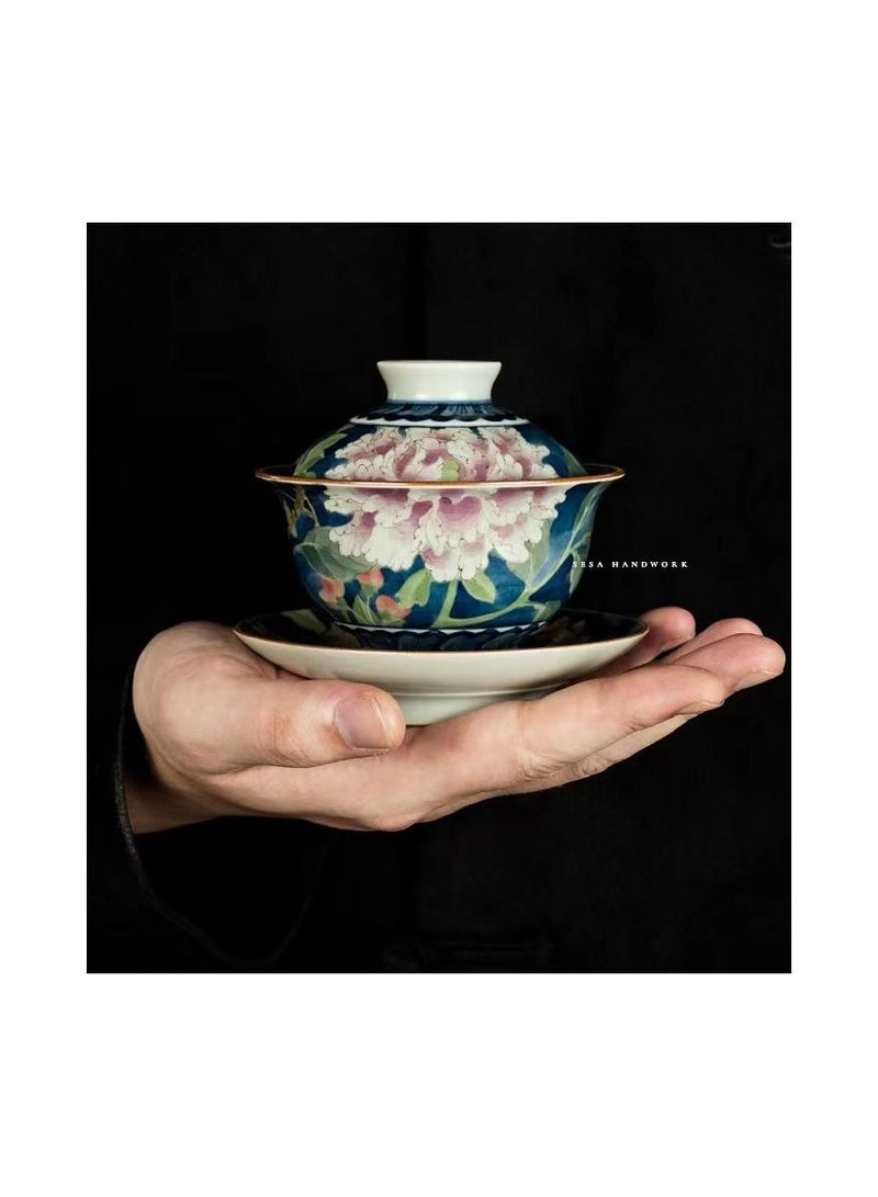 1-Piece Chinese Old Porcelain Blue and White Bowl Tea Set,Chinese Tea Bowl with Cover and Tray,Chinese Traditional Handicraft Ceramic Tea Set - Image 4