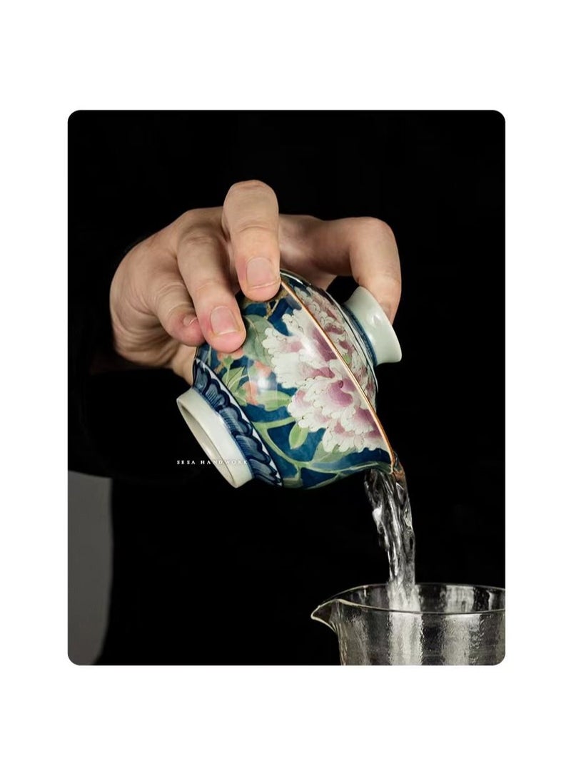 1-Piece Chinese Old Porcelain Blue and White Bowl Tea Set,Chinese Tea Bowl with Cover and Tray,Chinese Traditional Handicraft Ceramic Tea Set - Image 2