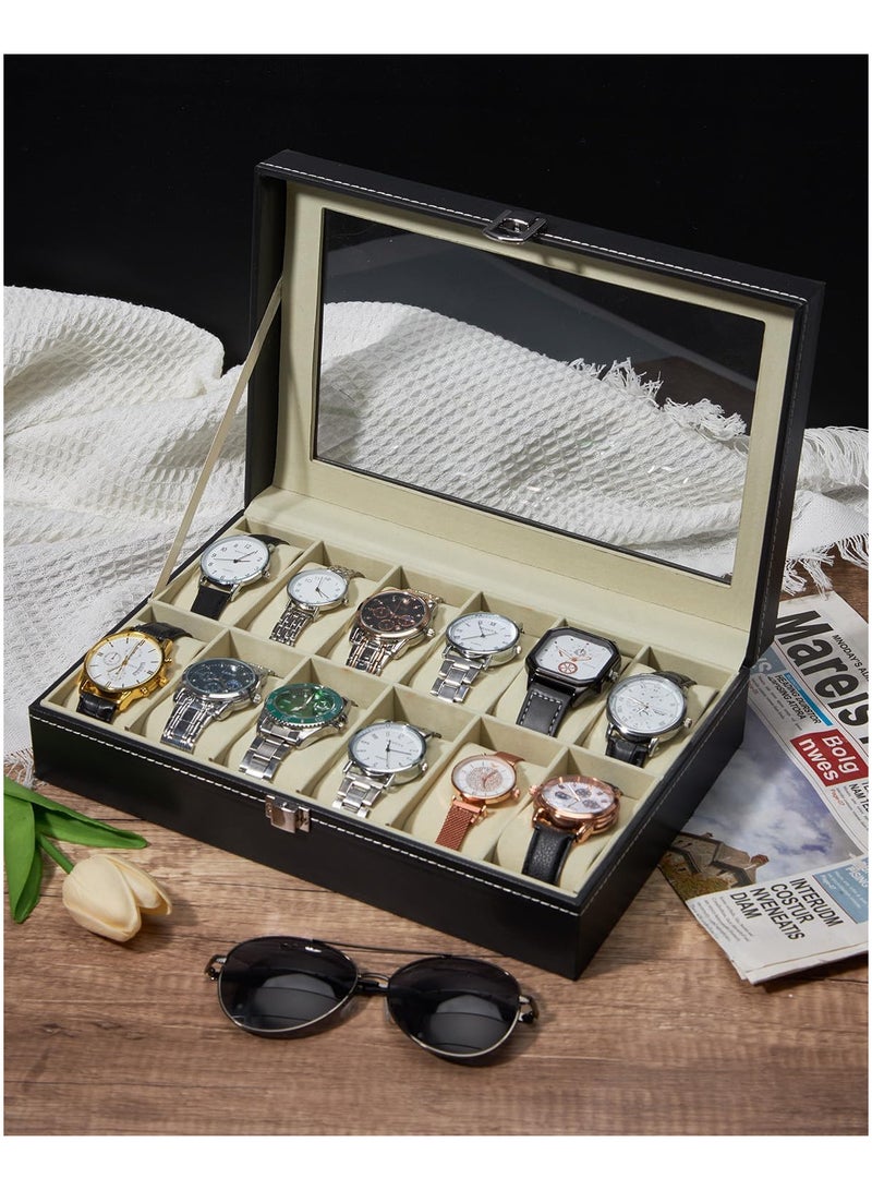 صندوق تخزين وتنظيم ساعات بتصميم - من 12 فتحه منظم من الزجاج الحقيقي مع طبقة جلد صناعي للرجال والنساء، أسود - Image 5