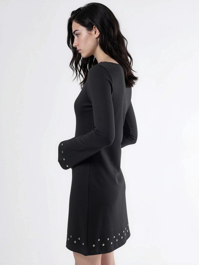 Qustyle QU STYLE Boat Neck Mini Dress with Stone Accessory - Image 3