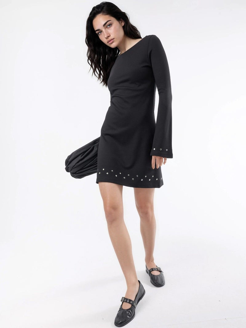 Qustyle QU STYLE Boat Neck Mini Dress with Stone Accessory - Image 1