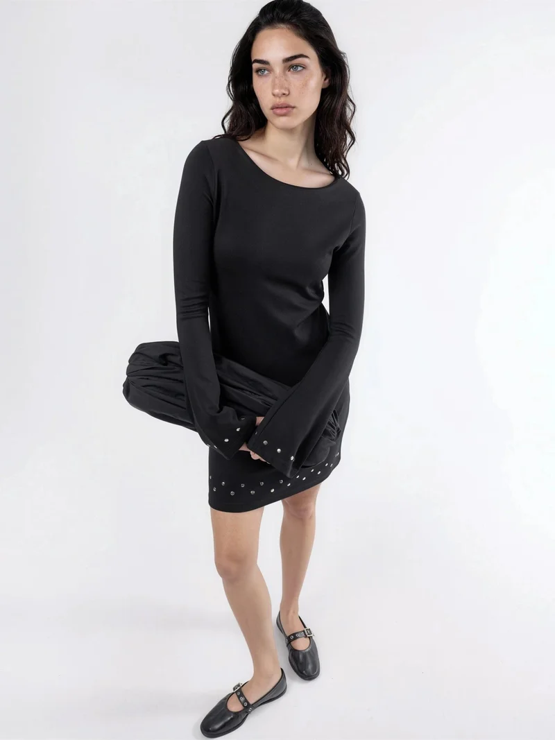 Qustyle QU STYLE Boat Neck Mini Dress with Stone Accessory