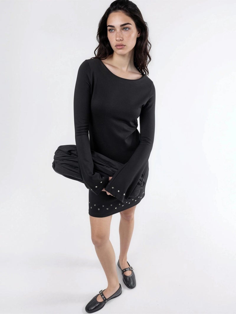 Qustyle QU STYLE Boat Neck Mini Dress with Stone Accessory - Image 2
