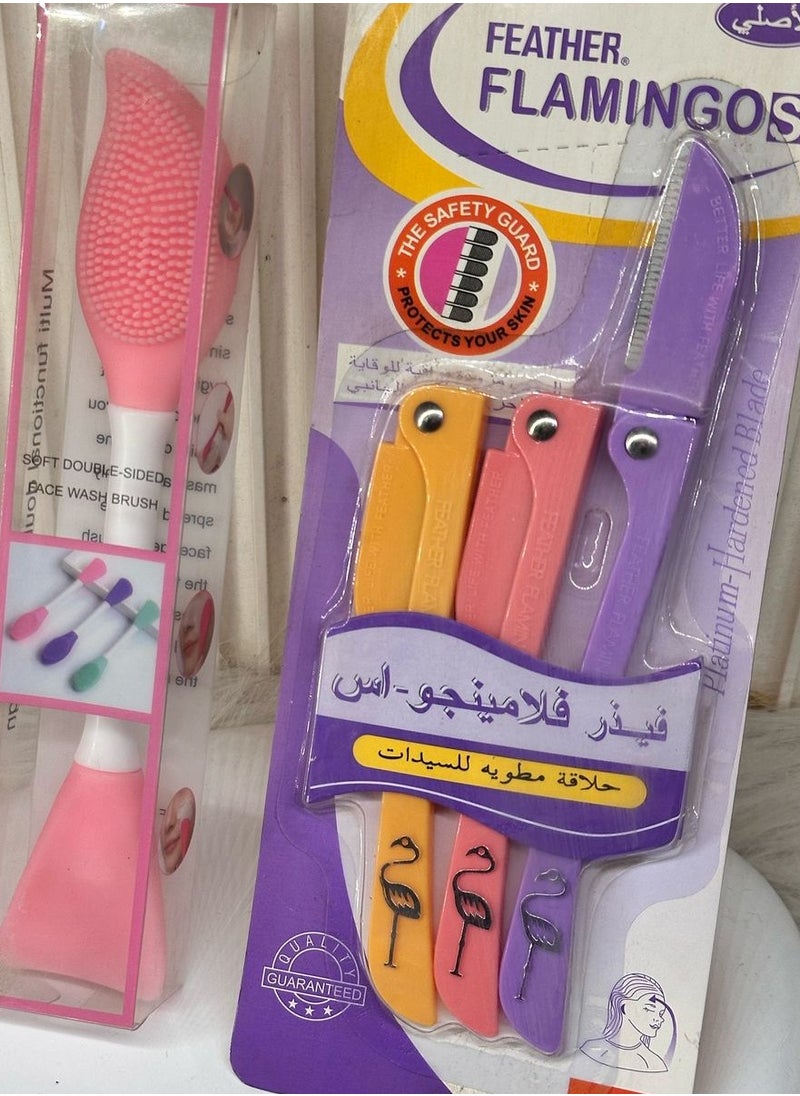 Generic face care set Feather 3 Piece Ladies Razor For Facial And Body Hair Yellow/Pink/Purple + Multifunction Facial Stirring Brush, Soft Silicone Mask Brush, Cosmetics Tools, Face Clean Brush, Face Mask Tools, Double Head Silicone Face Mask Brush random color s6  - Image 1