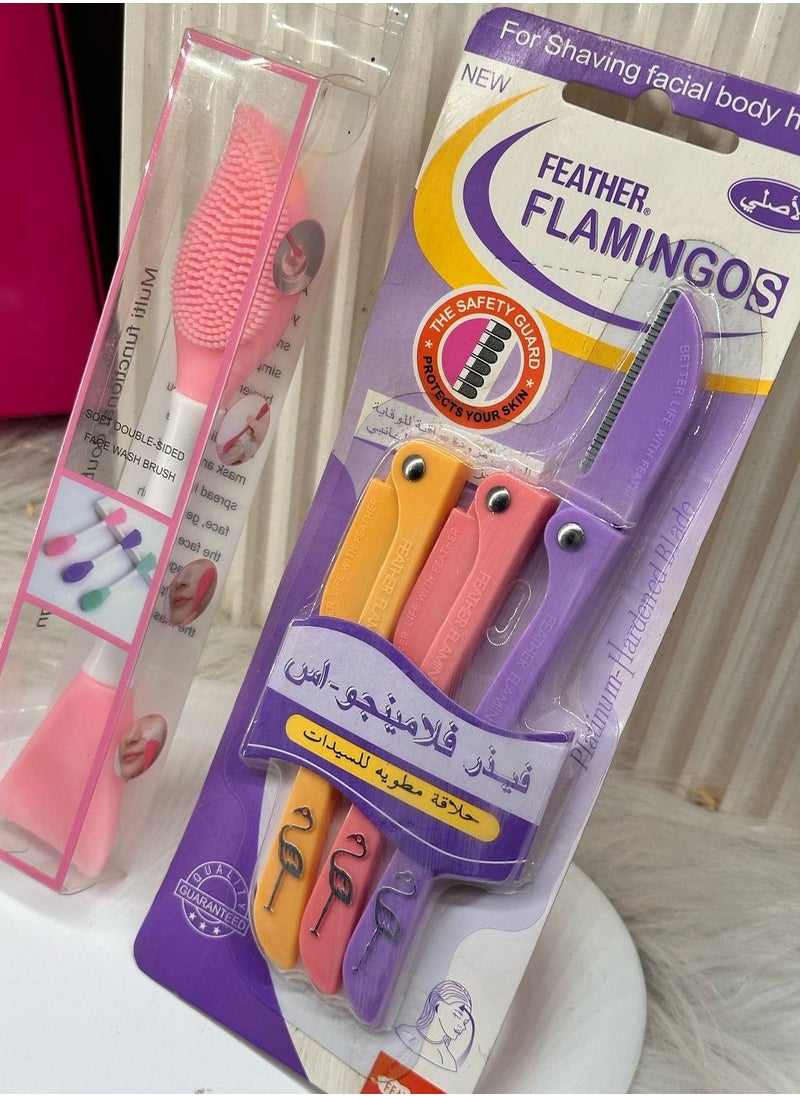 Generic face care set Feather 3 Piece Ladies Razor For Facial And Body Hair Yellow/Pink/Purple + Multifunction Facial Stirring Brush, Soft Silicone Mask Brush, Cosmetics Tools, Face Clean Brush, Face Mask Tools, Double Head Silicone Face Mask Brush random color s6  - Image 2