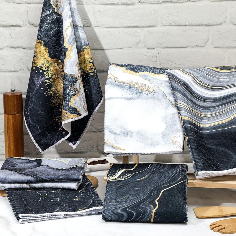 Boyiee Set of 6 Marble Kitchen Towels Gold Black Marble Tea Dish Towels 24 x 16 Inches Modern Absorbent Hand Washcloths Housewarming Gifts for Farmhouse Kitchen Bathroom Decorations - Image 2