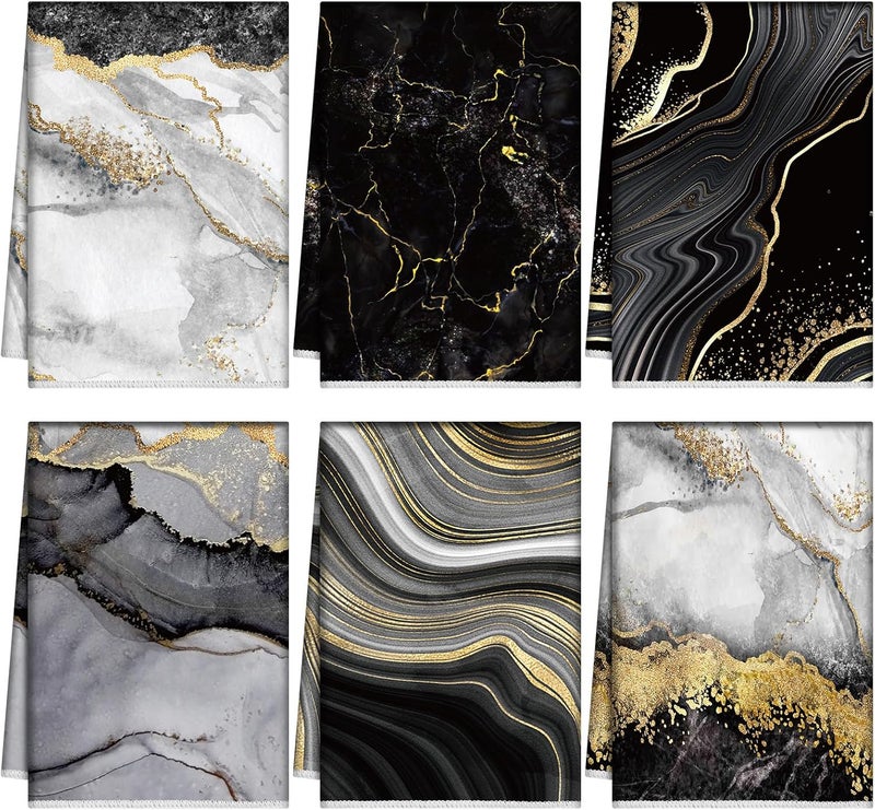 Boyiee Set of 6 Marble Kitchen Towels Gold Black Marble Tea Dish Towels 24 x 16 Inches Modern Absorbent Hand Washcloths Housewarming Gifts for Farmhouse Kitchen Bathroom Decorations - Image 1