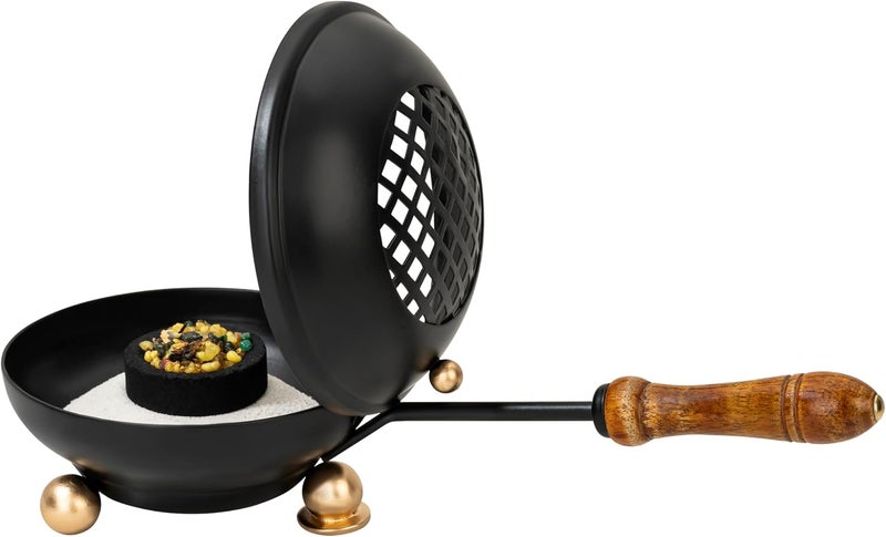 MaMeMi Large Smoking pan [Diameter 4.33 inch, Length Approx. 9.84 inch], Made of Iron, matt Black, with Removable Sieve and Wooden Handle - Image 2