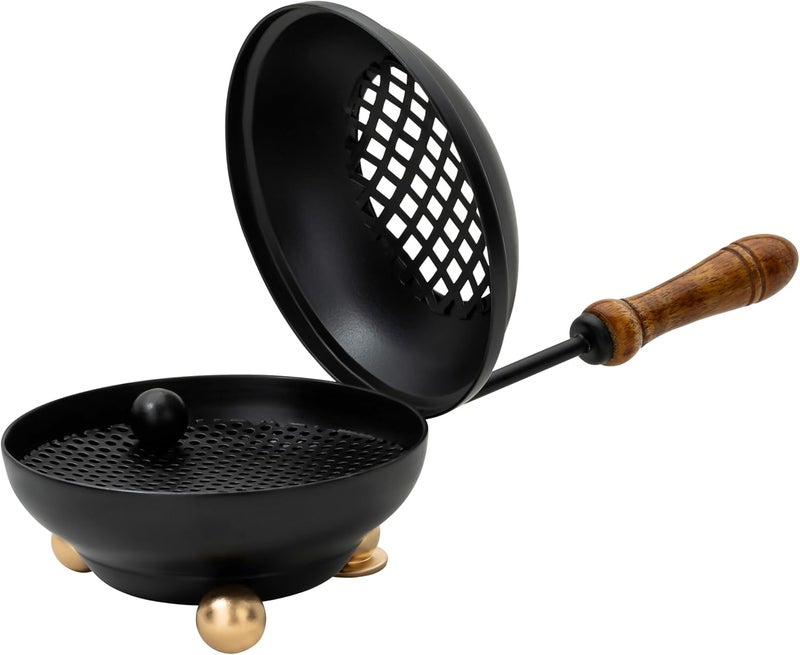 MaMeMi Large Smoking pan [Diameter 4.33 inch, Length Approx. 9.84 inch], Made of Iron, matt Black, with Removable Sieve and Wooden Handle - Image 1