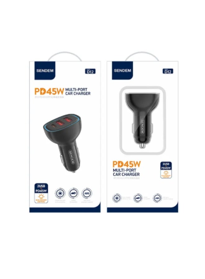 Sendem D12 PD45W Fast Car Charger – Dual USB + 3 Type-C Ports - Image 2