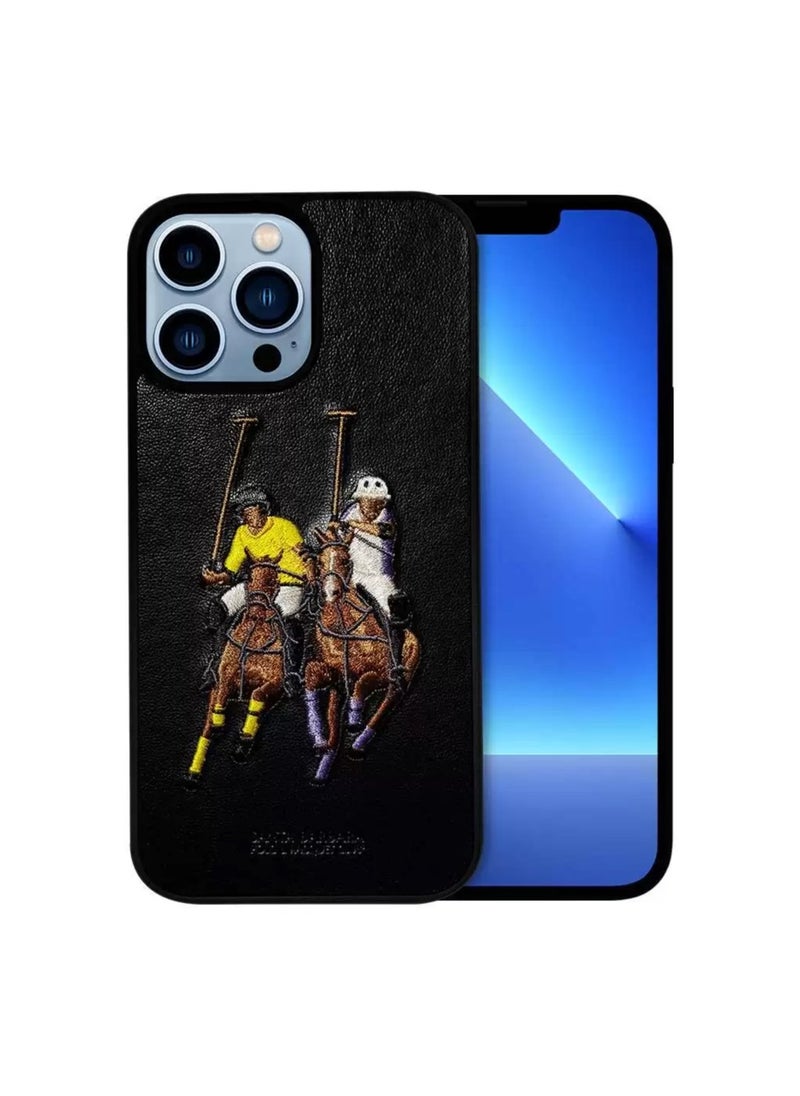 SANTA BARBARA POLO & RACQUET CLUB - Santa Barbara Polo & Racquet Club Jockey Series Genuine Leather Case for iPhone 13 Pro Max | Retro Embroidery, Classic Polo Design, 360° Protection, Shockproof TPU, Scratch-Resistant, Black - Image 1