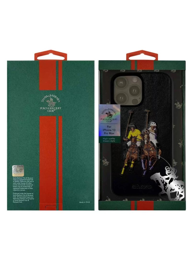 SANTA BARBARA POLO & RACQUET CLUB - Santa Barbara Polo & Racquet Club Jockey Series Genuine Leather Case for iPhone 13 Pro Max | Retro Embroidery, Classic Polo Design, 360° Protection, Shockproof TPU, Scratch-Resistant, Black - Image 1