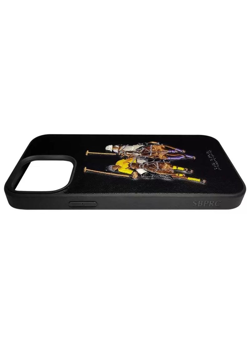 SANTA BARBARA POLO & RACQUET CLUB - Santa Barbara Polo & Racquet Club Jockey Series Genuine Leather Case for iPhone 13 Pro Max | Retro Embroidery, Classic Polo Design, 360° Protection, Shockproof TPU, Scratch-Resistant, Black - Image 1