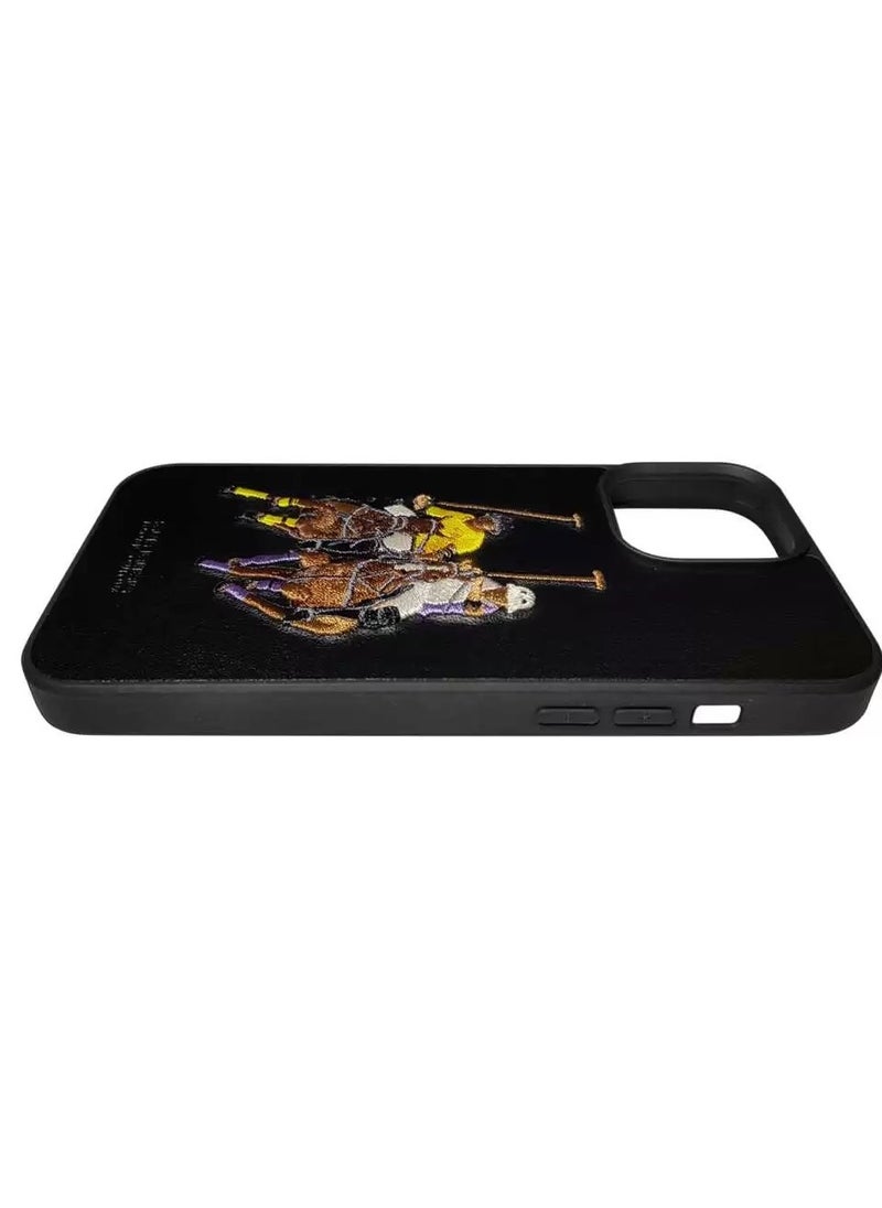 SANTA BARBARA POLO & RACQUET CLUB - Santa Barbara Polo & Racquet Club Jockey Series Genuine Leather Case for iPhone 13 Pro Max | Retro Embroidery, Classic Polo Design, 360° Protection, Shockproof TPU, Scratch-Resistant, Black - Image 1