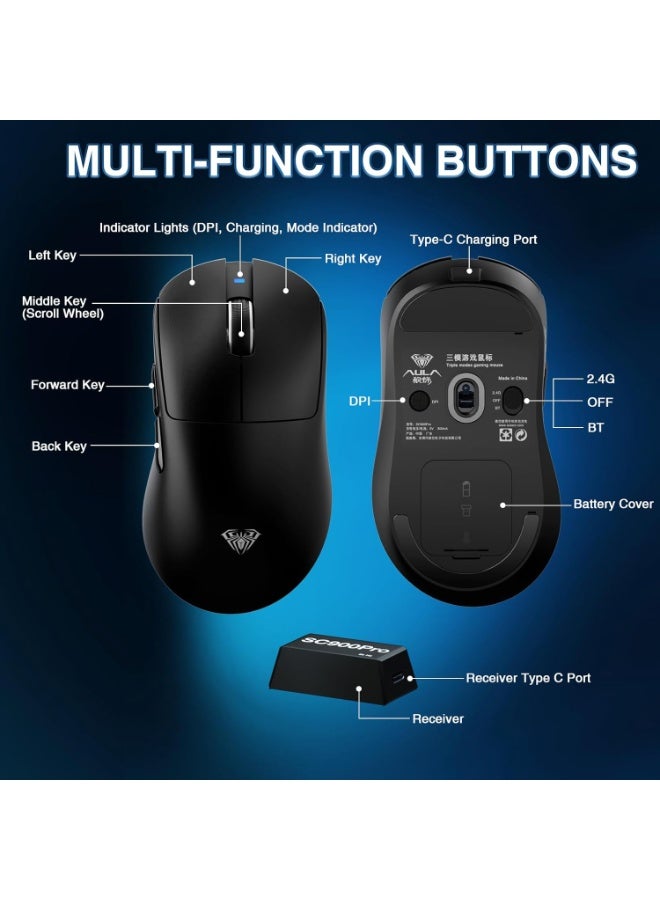 AULA ماوس الألعاب اللاسلكي SC900 Pro ثلاثي الوضع – 62 جرام خفيف الوزن، مستشعر PAW3395 بدقة 26,000 DPI، معدل استقصاء مزدوج 8000 هرتز، وضع 2.4 جيجاهرتز / BT5.0 / USB-C – قابل لإعادة الشحن للكمبيوتر الشخصي / ماك / لينوكس - Image 5