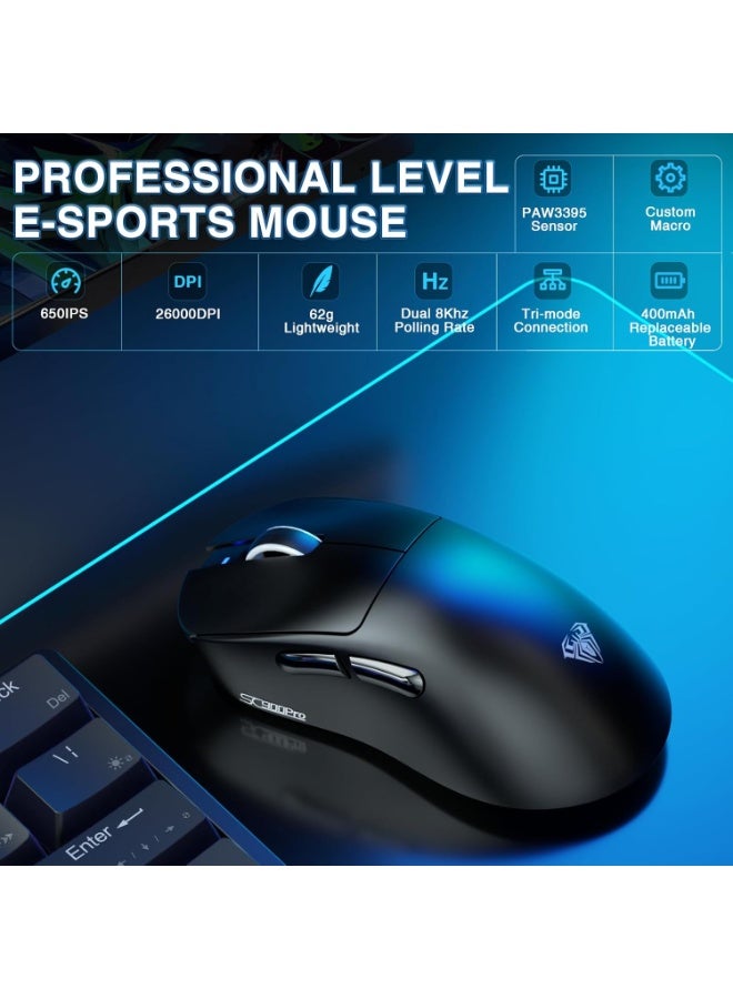 AULA ماوس الألعاب اللاسلكي SC900 Pro ثلاثي الوضع – 62 جرام خفيف الوزن، مستشعر PAW3395 بدقة 26,000 DPI، معدل استقصاء مزدوج 8000 هرتز، وضع 2.4 جيجاهرتز / BT5.0 / USB-C – قابل لإعادة الشحن للكمبيوتر الشخصي / ماك / لينوكس - Image 4