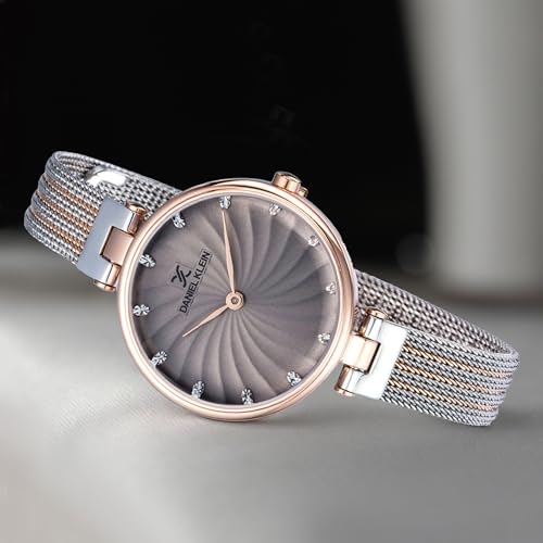 Daniel Klein Analog Grey Round Dial Rose Gold Case Silver Mesh Strap Stone-Studded Water-Resistant Wrist Watch for Women Girls, Ladies DK11904-7 - Image 2