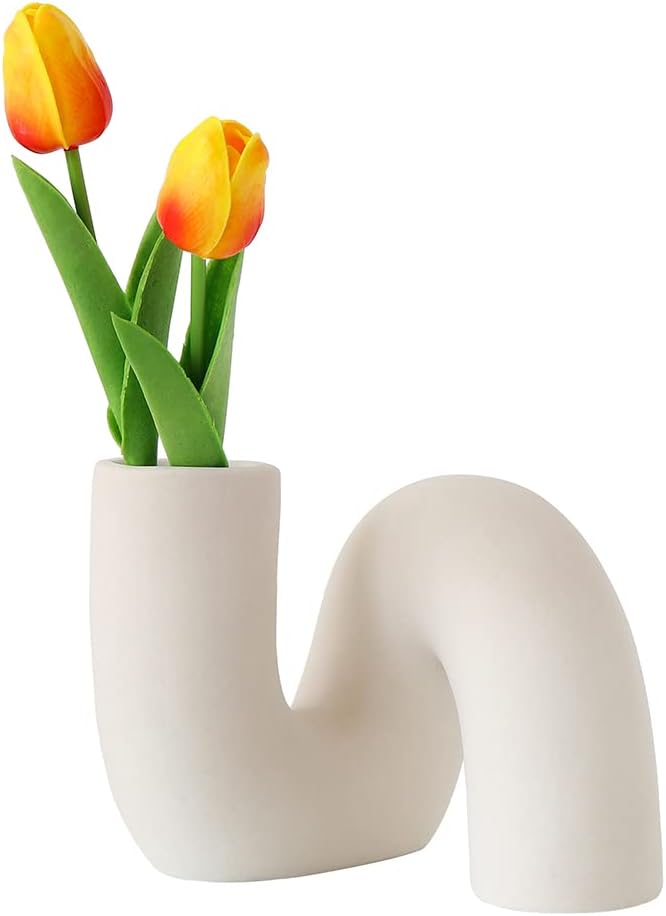 PhiDor White Ceramic Flower Vase for Decor,Modern Minimalist Abstraction Vases,Farmhouse Decorative vase for Centerpieces,Kitchen,Office, Living Room,Wedding Floral Decoration (Light Brown) - Image 1