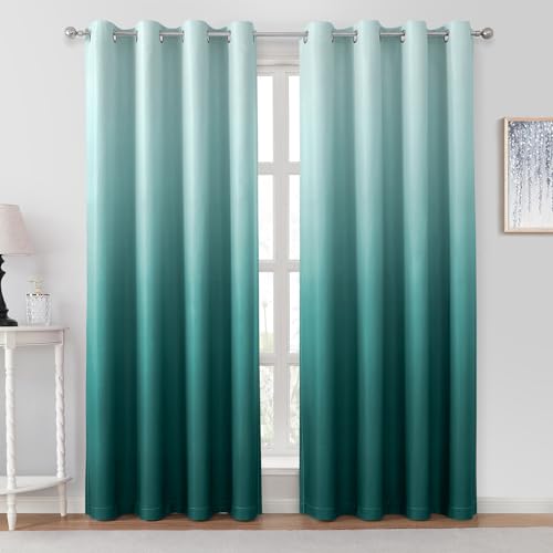 HOMEIDEAS Teal Ombre Blackout Curtains 52 X 84 Inch Length Gradient Room Darkening Thermal Insulated Energy Saving Grommet 2 Panels Window Drapes for Living Room, Bedroom - Image 1
