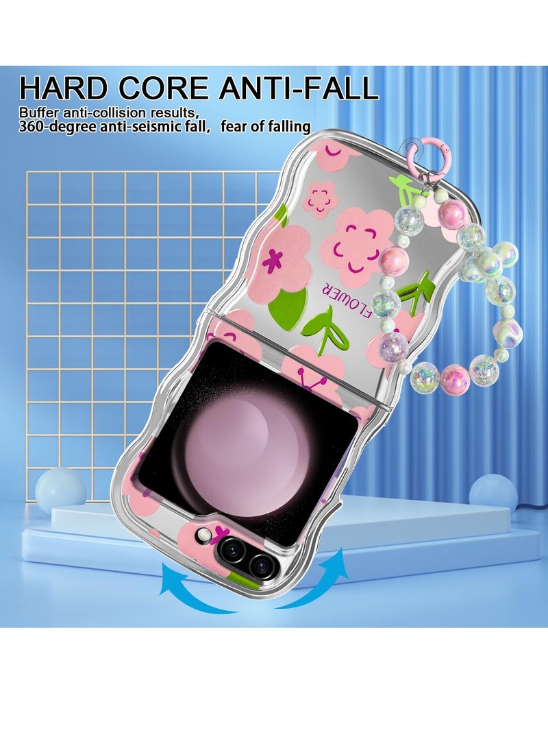 Excefore Designed for Galaxy Z Flip 5 Case, Curly Wave Frame Cute Flower Cover Shockproof Protective Phone Case, with Strap and Phone Card Gasket, for Samsung Galaxy Z Flip 5 5g 2023 (Green & Pink) - Image 4