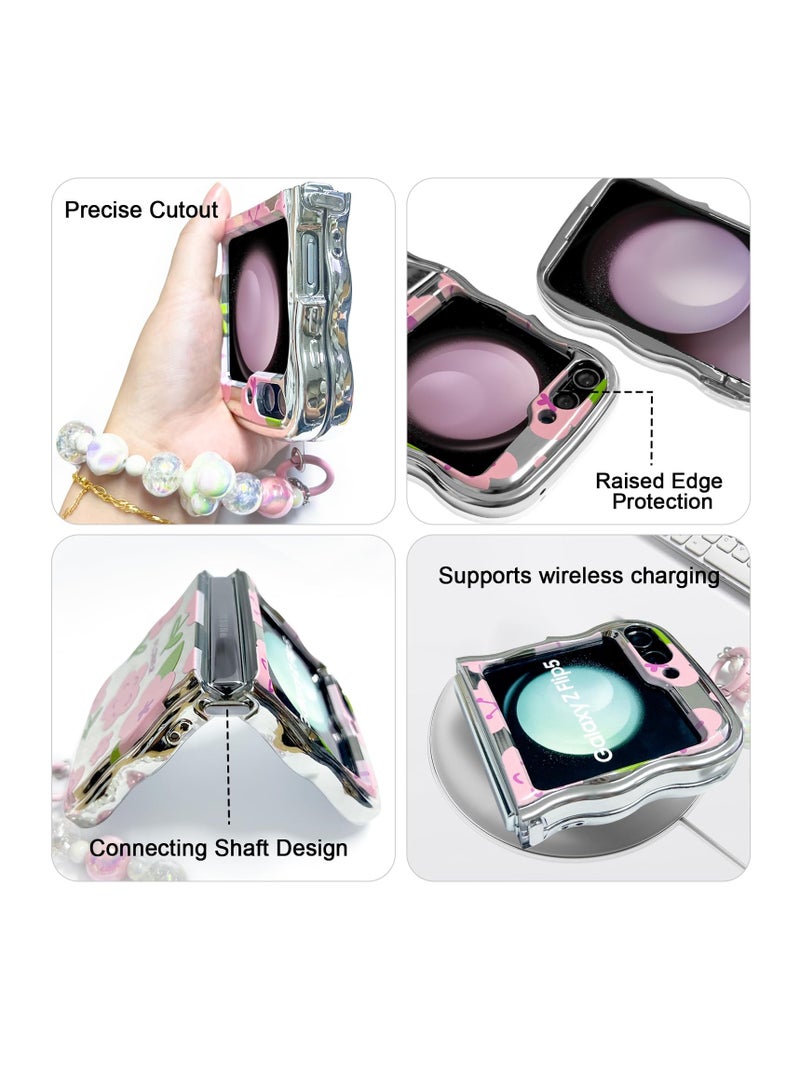 Excefore Designed for Galaxy Z Flip 5 Case, Curly Wave Frame Cute Flower Cover Shockproof Protective Phone Case, with Strap and Phone Card Gasket, for Samsung Galaxy Z Flip 5 5g 2023 (Green & Pink) - Image 2