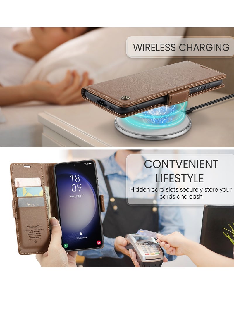 CaseMe Flip Wallet Case For Samsung Galaxy S24 Plus, [RFID Blocking] PU Leather Wallet Flip Folio Case with Card Holder Kickstand Shockproof Phone Cover (Brown)  - Image 3