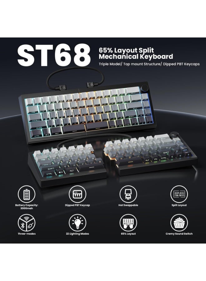 ZORNHER ST68 Ergonomic Split Keyboard,65% Wireless Gaming Keyboard with Knob,65% Black Hot-Swappable Mechanical Keyboards for Win/Mac,Linear Switches,RGB Backlit - Image 2