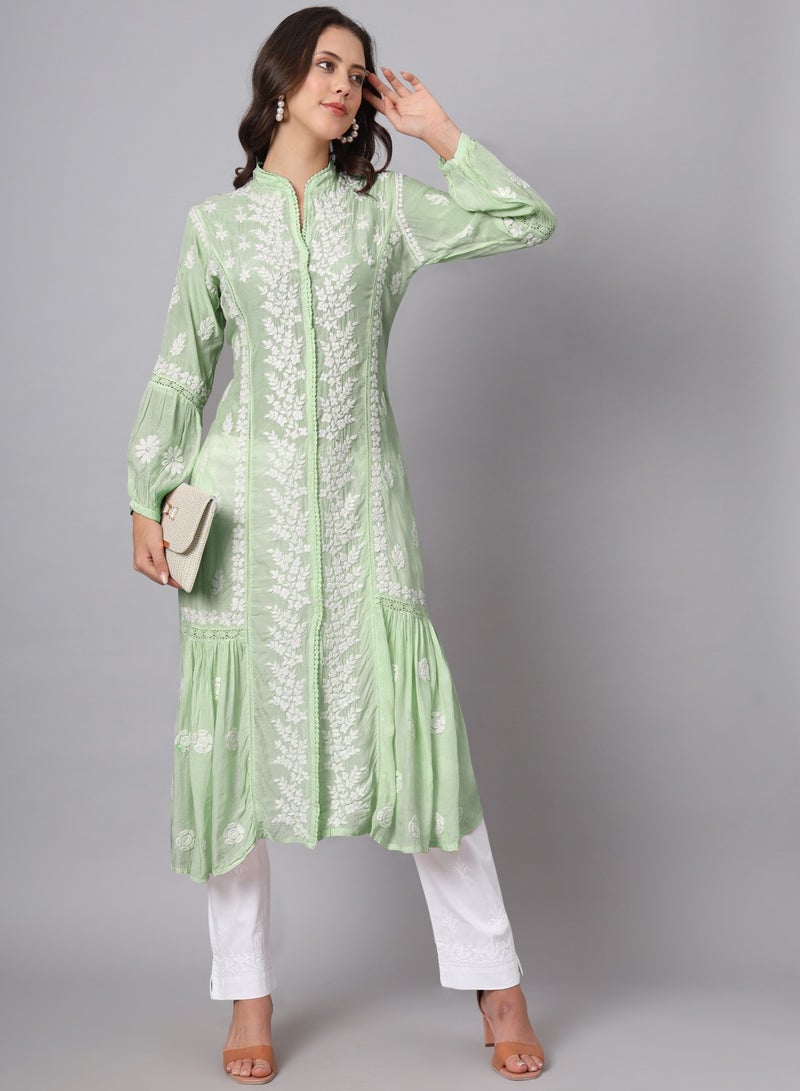 Alaya Women Hand Embroidered Chikankari Cotton Kurta-AL3888  - Image 3
