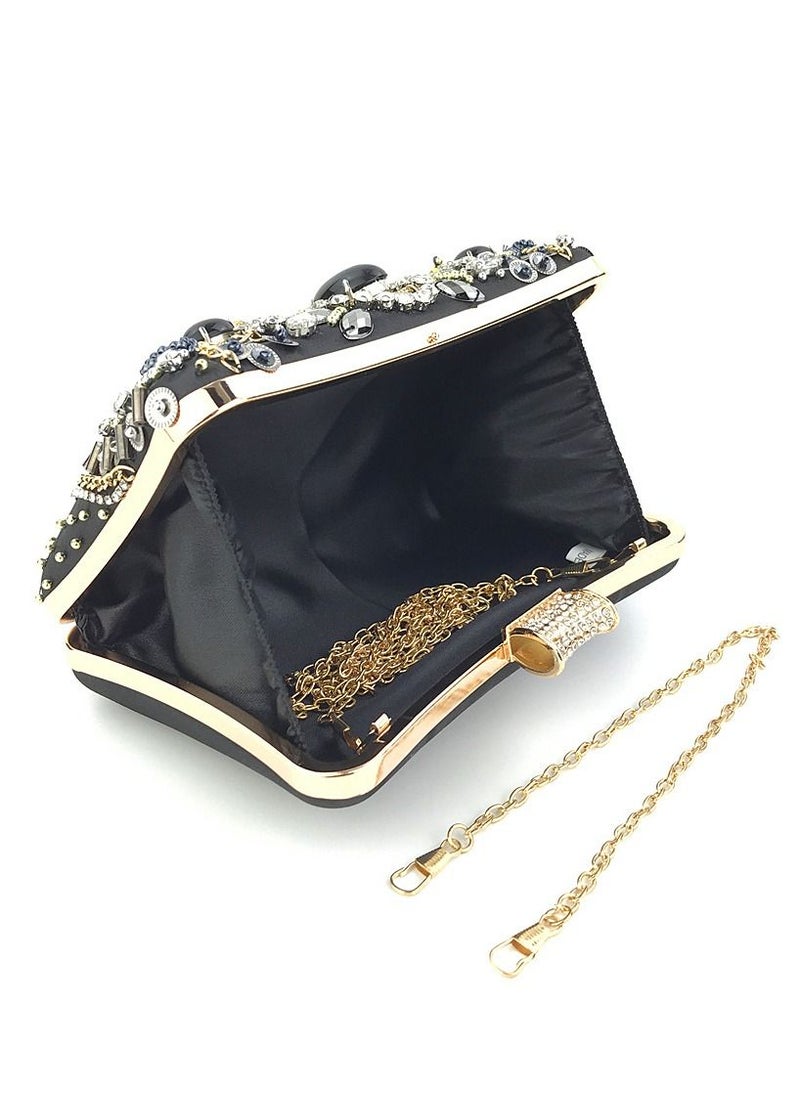 Generic - Stone Studded Party Clutch Black Gold Size 19.5X6X12cm - Image 1