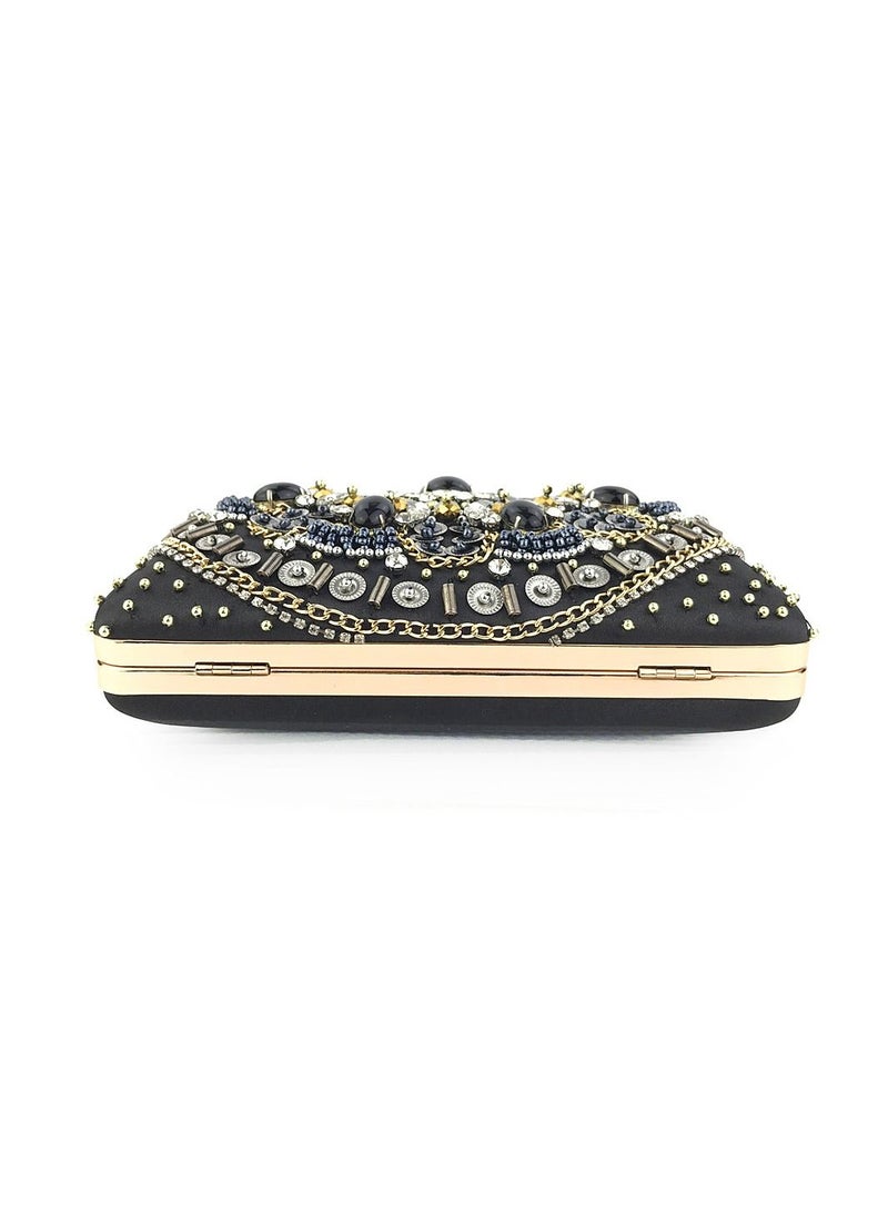 Generic - Stone Studded Party Clutch Black Gold Size 19.5X6X12cm - Image 1