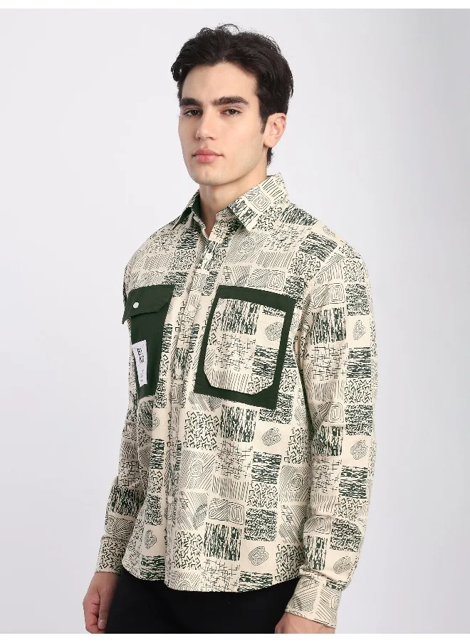 Beyoung Green Geometric Abstract Printed Overshirt