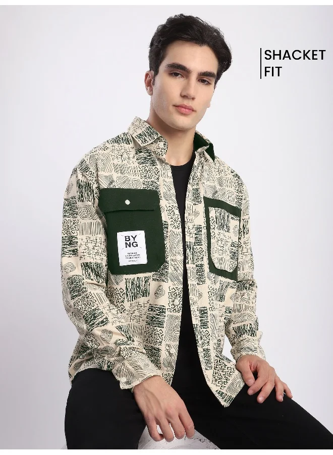 Beyoung Green Geometric Abstract Printed Overshirt