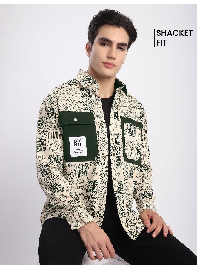 Beyoung Green Geometric Abstract Printed Overshirt  - Image 4
