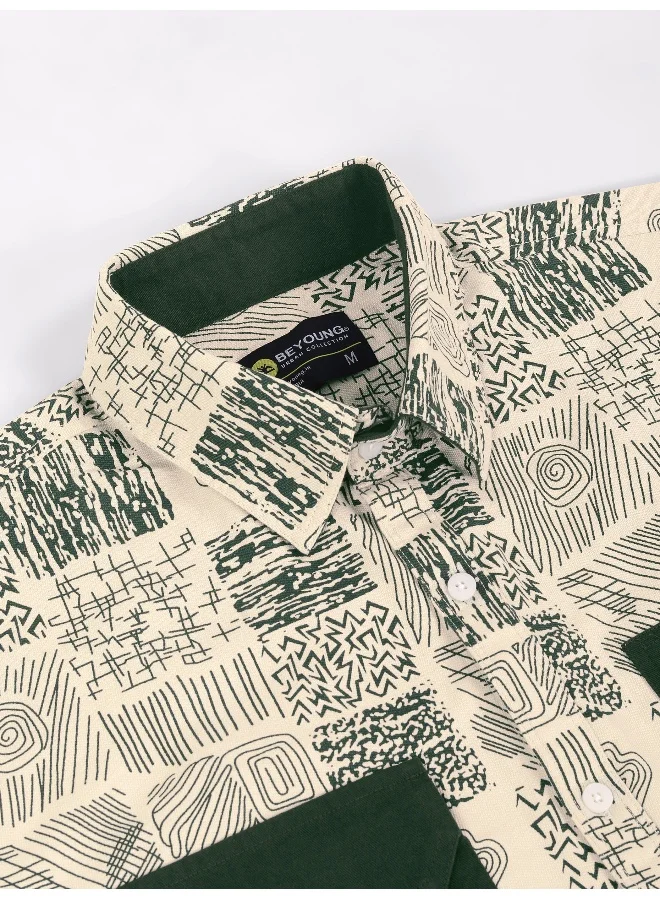 Beyoung Green Geometric Abstract Printed Overshirt