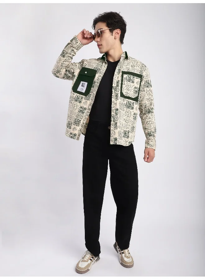 Beyoung Green Geometric Abstract Printed Overshirt