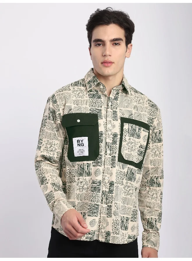 Beyoung Green Geometric Abstract Printed Overshirt