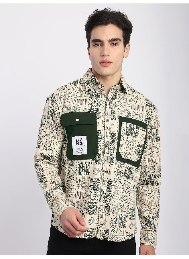Beyoung Green Geometric Abstract Printed Overshirt  - Image 3