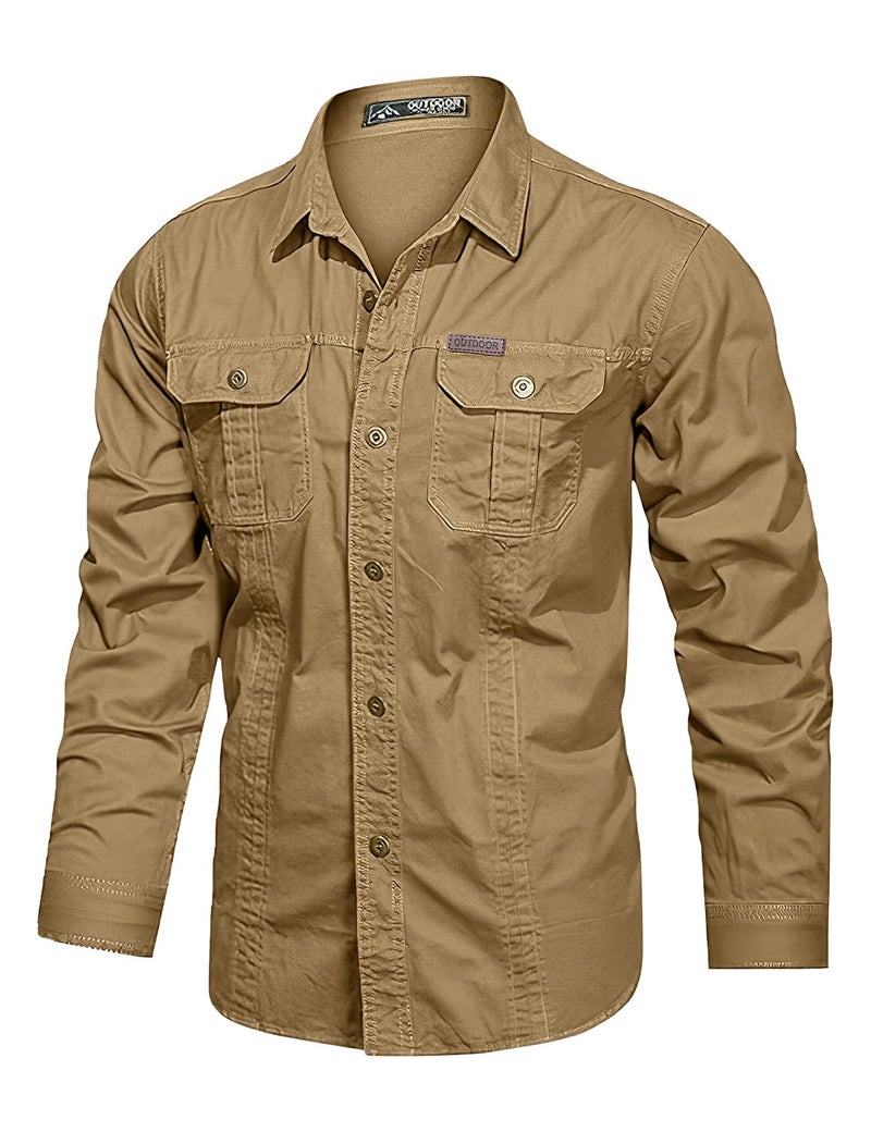 Eisctnd Men's Long Sleeve Work Shirt, Utility Cotton Button Down Cargo Shirts with Pockets for Casual Outdoor Safari Khaki - Image 1