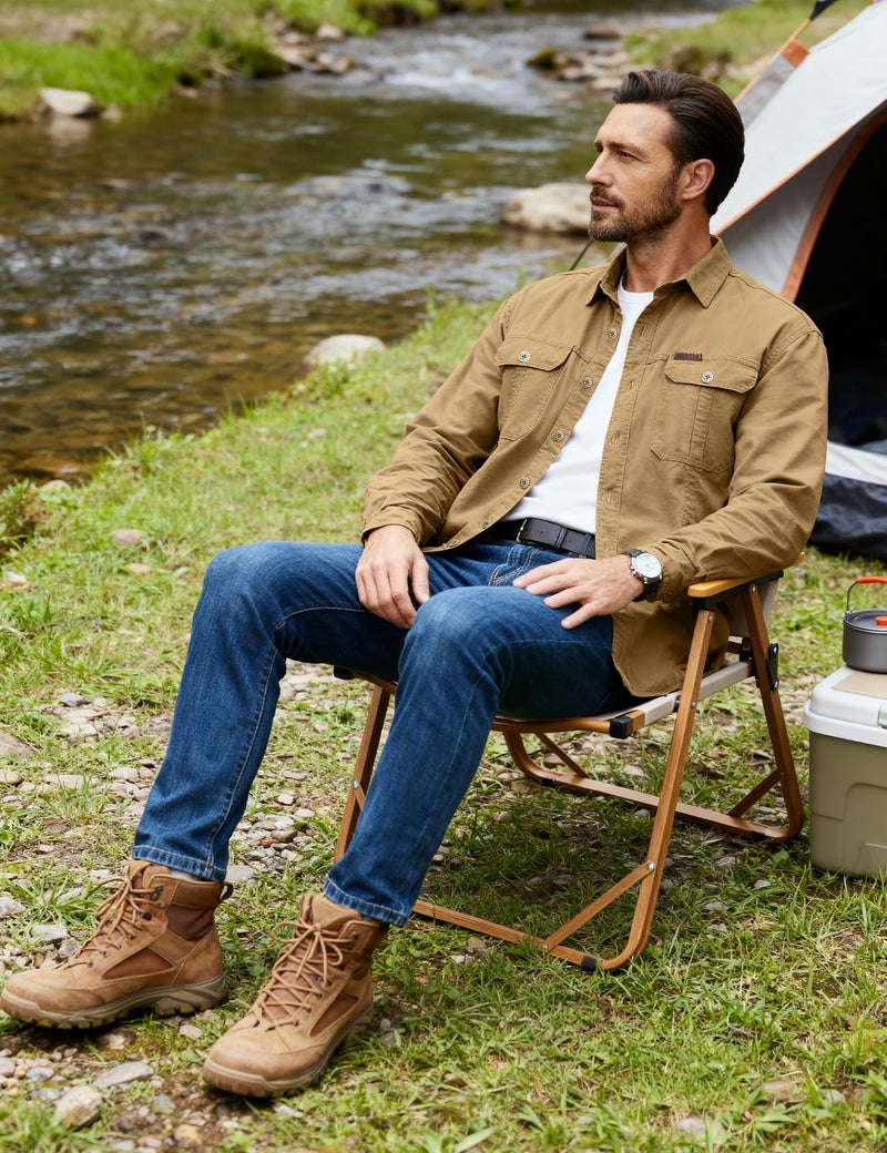 Eisctnd Men's Long Sleeve Work Shirt, Utility Cotton Button Down Cargo Shirts with Pockets for Casual Outdoor Safari Khaki - Image 3