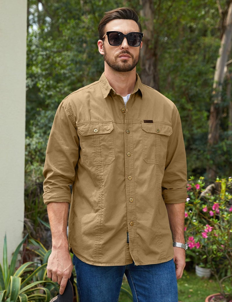 Eisctnd Men's Long Sleeve Work Shirt, Utility Cotton Button Down Cargo Shirts with Pockets for Casual Outdoor Safari Khaki - Image 4