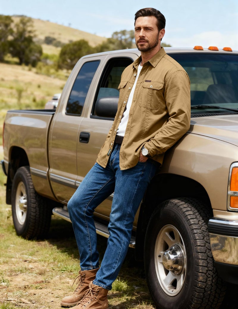 Eisctnd Men's Long Sleeve Work Shirt, Utility Cotton Button Down Cargo Shirts with Pockets for Casual Outdoor Safari Khaki - Image 2