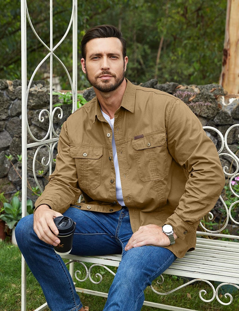 Eisctnd Men's Long Sleeve Work Shirt, Utility Cotton Button Down Cargo Shirts with Pockets for Casual Outdoor Safari Khaki - Image 5