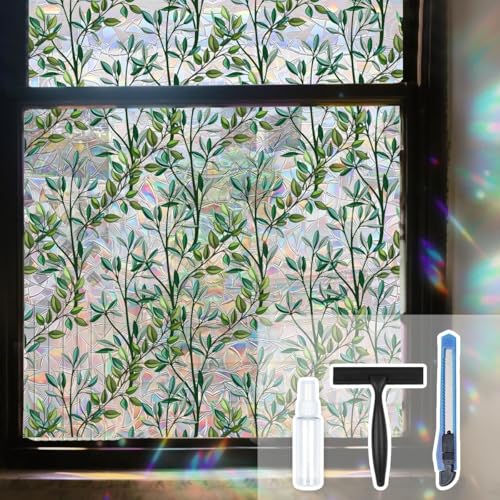 Ohhvvow Leaf Stained Glass Window Film Static Cling with Tools - 17.5 x 78.7 Inch Non-Adhesive Privacy Decorative Rainbow Film for Windows, Doors, Sidelights - Easy Install & Remove - Image 1