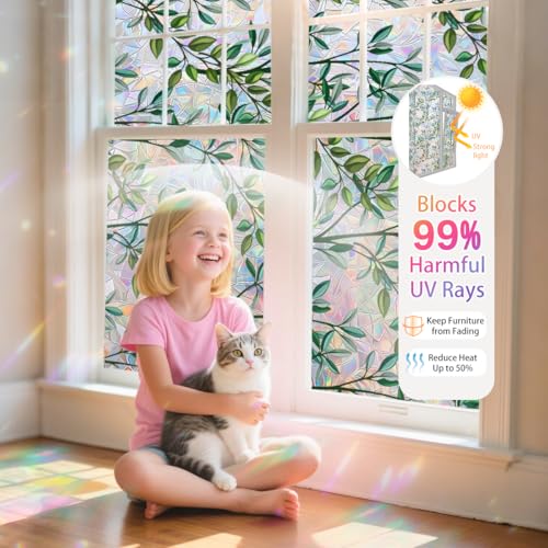 Ohhvvow Leaf Stained Glass Window Film Static Cling with Tools - 17.5 x 78.7 Inch Non-Adhesive Privacy Decorative Rainbow Film for Windows, Doors, Sidelights - Easy Install & Remove - Image 5