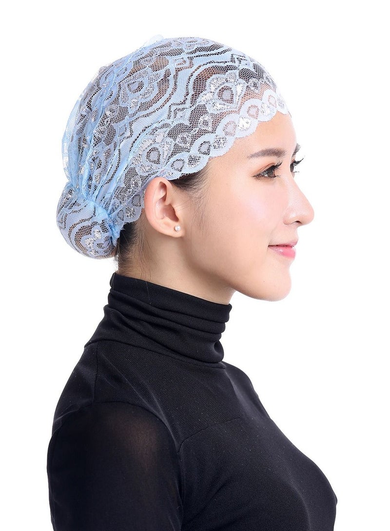 Loquat Women's Solid Color Shiny Lace Hijab Inner Cap Light Blue  - Image 1