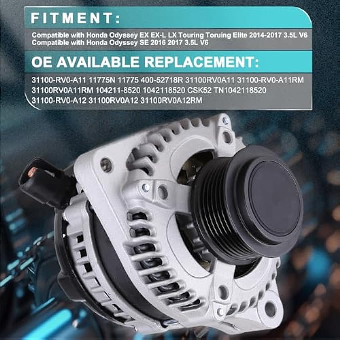 Slakerbe Alternator 11775 31100-RV0-A11, Alternator Replacement Compatible with Honda Odyssey 3.5L EX 2014-2017 EX-L 2014-2017 LX 2014-2017 SE 2016 2017 Touring/Touring Elite 2014-2017 3.5L V6 - Image 5