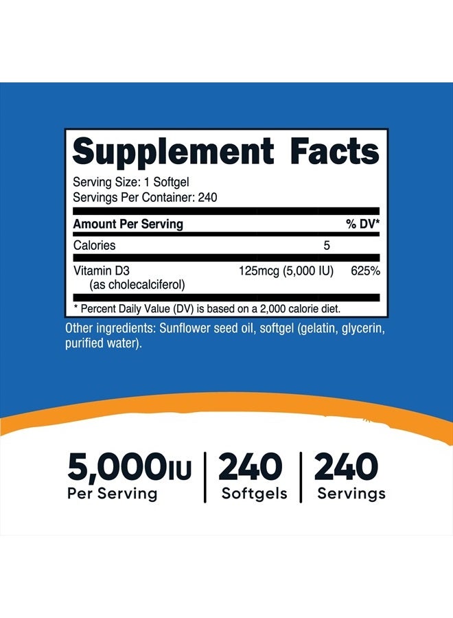 Nutricost فيتامين د3 5,000 وحدة دولية، 240 كبسولة لينة - غير معدلة وراثيًا وخالية من الغلوتين - Image 2