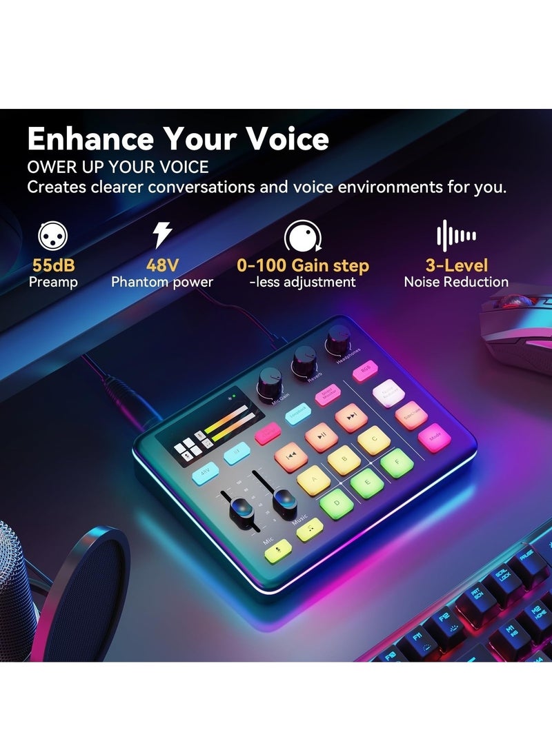 XiuWoo Gaming Audio Mixer RGB Audio Interface with Bluetooth, XLR/48V Phantom Power, Fader Mute Controls for Live Streaming,Podcasting, Gaming, PC/Console(Not for USB Mic)  - Image 2