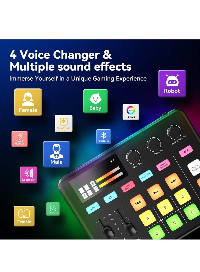 XiuWoo Gaming Audio Mixer RGB Audio Interface with Bluetooth, XLR/48V Phantom Power, Fader Mute Controls for Live Streaming,Podcasting, Gaming, PC/Console(Not for USB Mic)  - Image 4